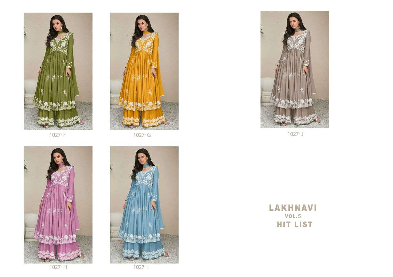 LAKHNAVI VOL HIT LIST  HEAVY REYON WHITE THREAD WORK NAURA CUT KURTI WITH PLAZZO AND NAZMIN DUPATTA BY VAMIKA BRAND INDEX